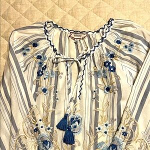 JOHNNY WAS Blue and Cream Floral Embroidered Blouse
